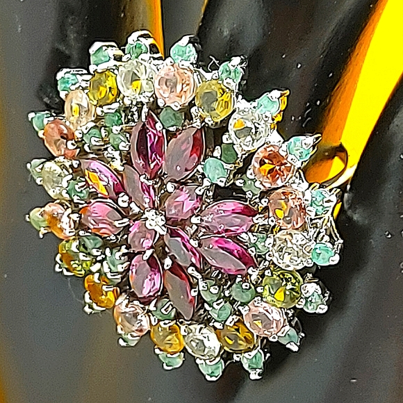 Natural Rhodolite Garnet, Emerald, Tourmaline Gems 925 Sterling Silver Ring 7.5 - Picture 4 of 7